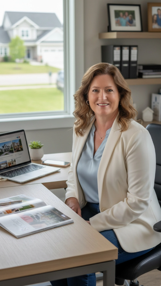 Diane McConaghy Realtor at desk with sold sign – Trusted Western Pennsylvania real estate agent
