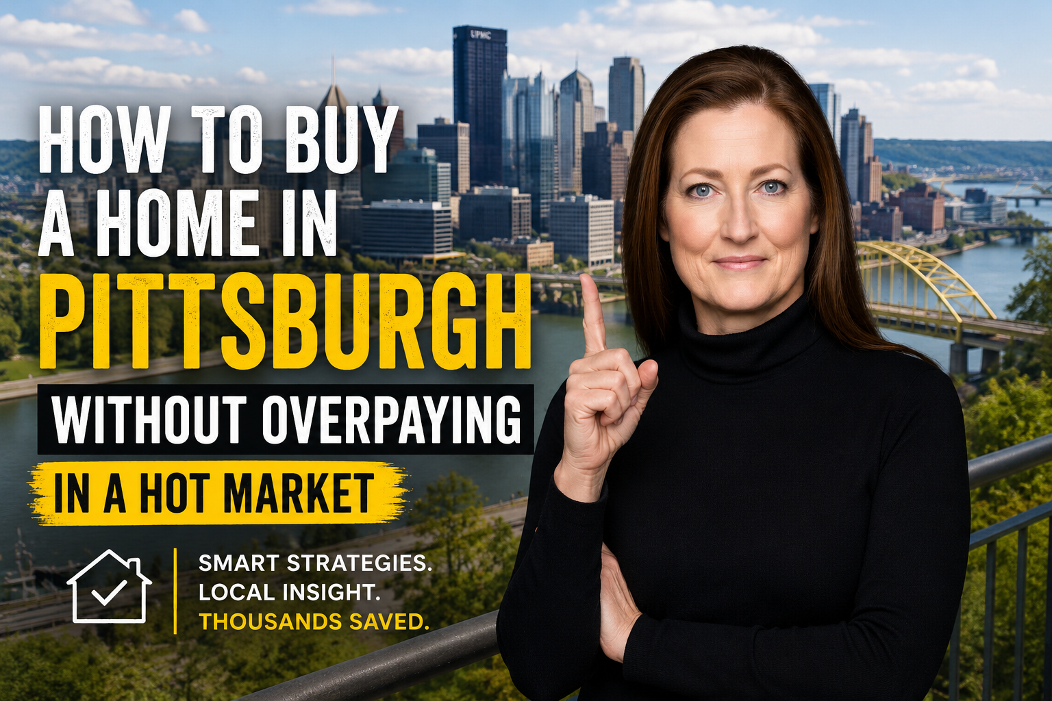 Diane McConaghy in front of the Pittsburgh skyline discussing how buyers can avoid overpaying for a home in Pittsburgh.