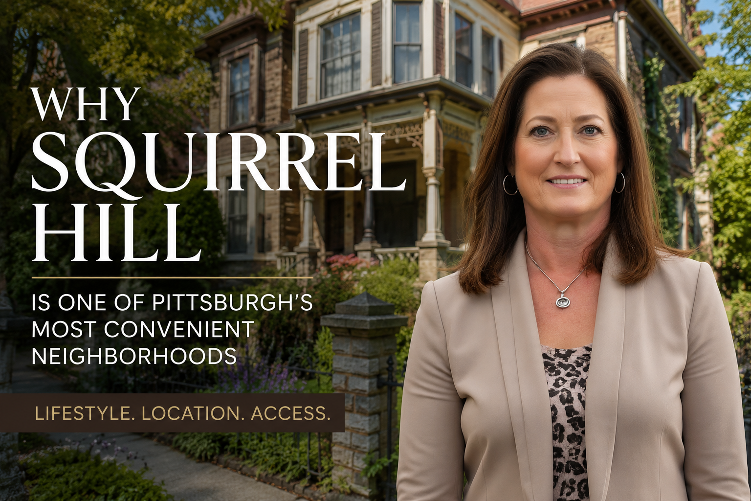 Diane McConaghy standing in front of a historic Victorian-style home representing the charm and convenience of Squirrel Hill in Pittsburgh.