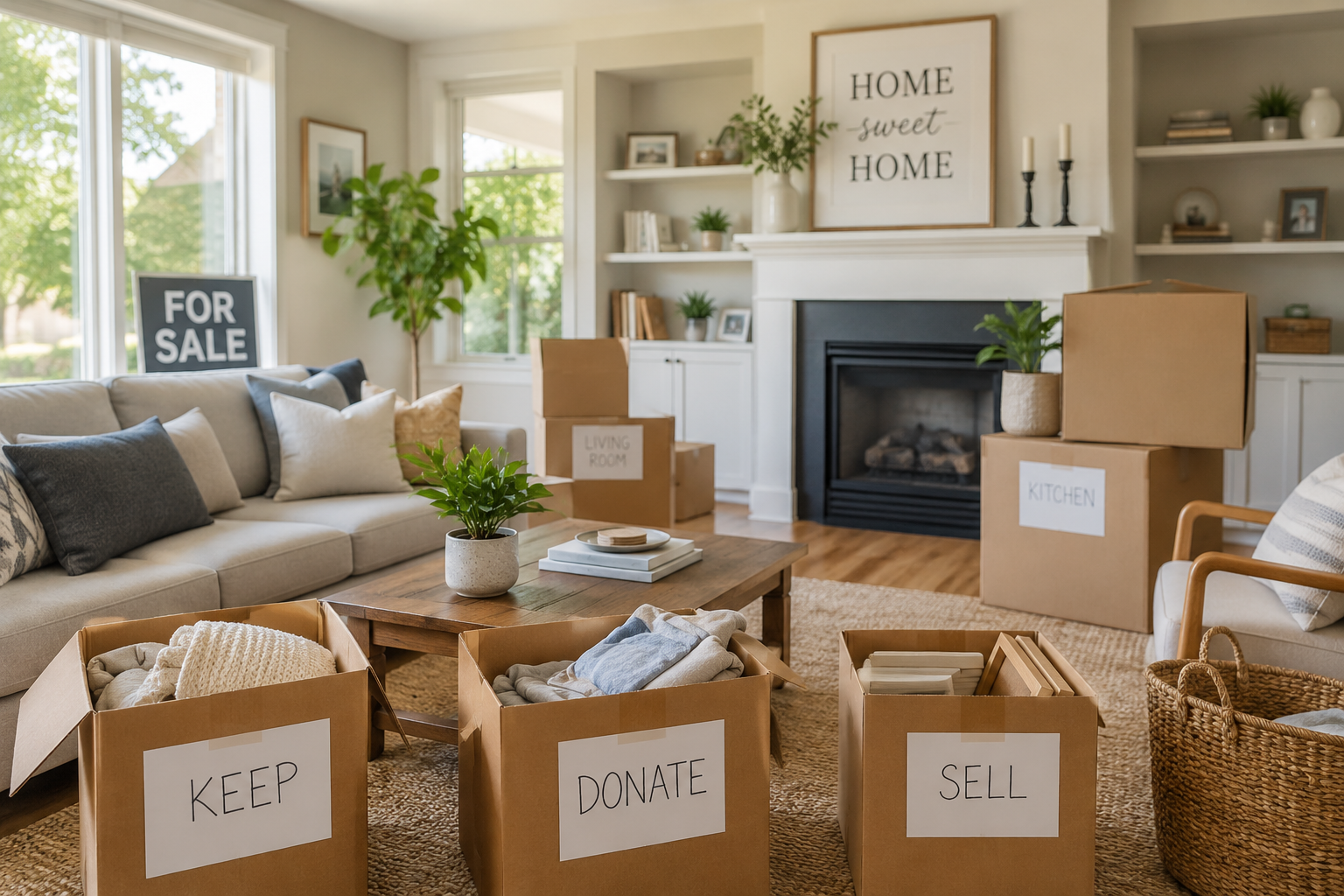 Homeowners decluttering and organizing belongings while preparing a home for sale
