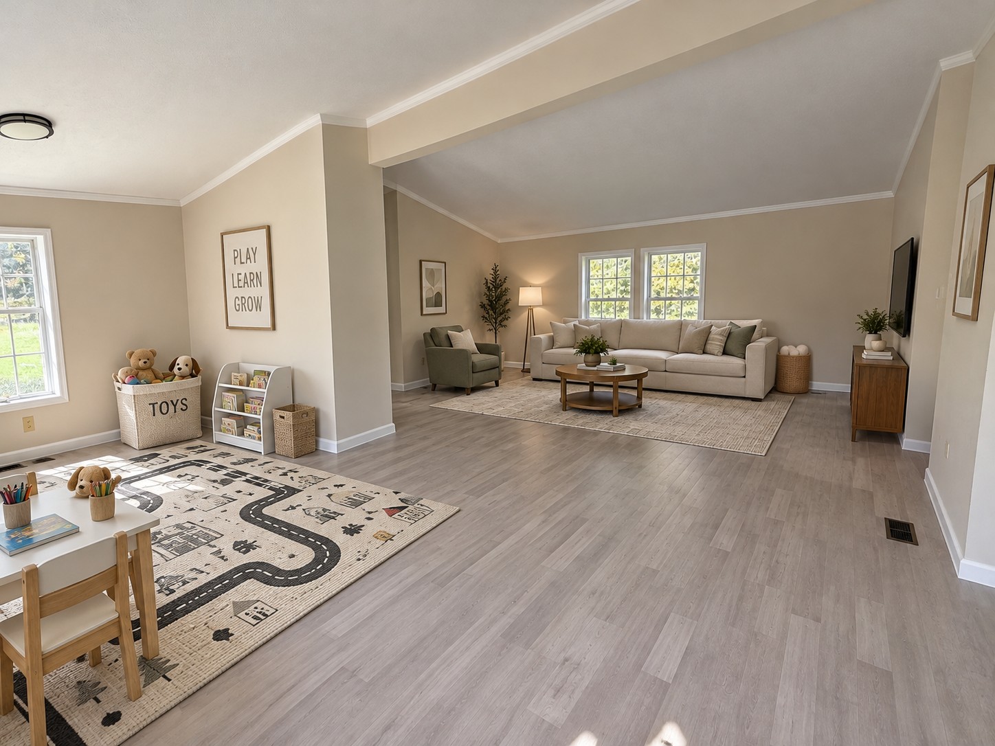 Living room at 120 Blythe Road, virtually staged.